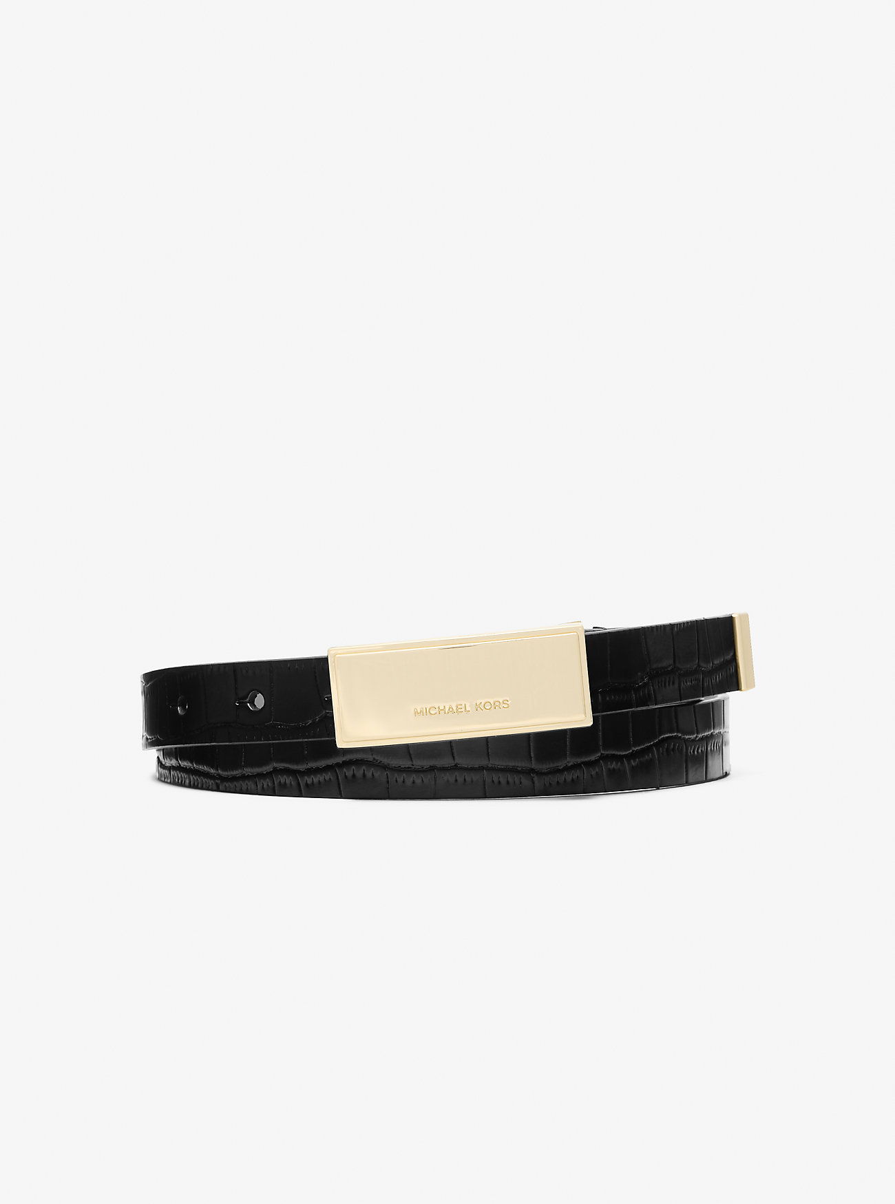 Crocodile Embossed Leather Plaque Belt - BLACK/GOLD