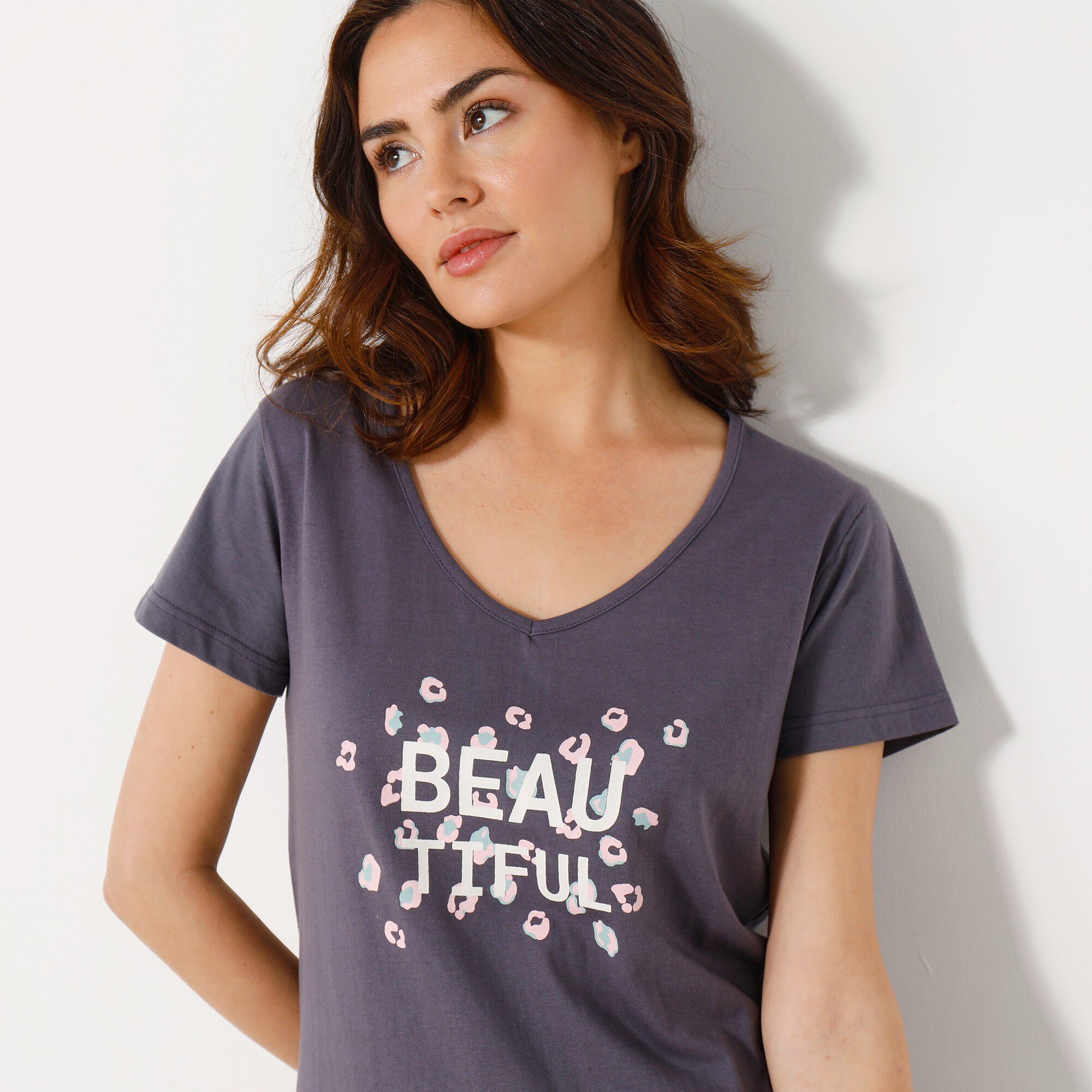 Tee-shirt manches courtes coton uni imprimé placé 