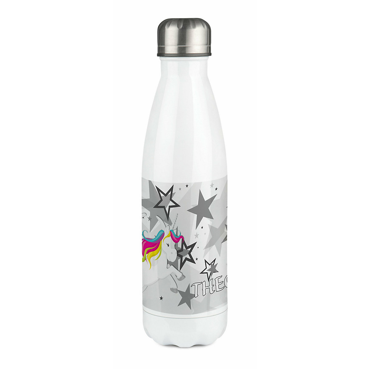 Edelstahl Kinder Thermoflasche / Trinkflasche bunt Pegasus Sterne Farbe grau Spülmaschinenfest, Auslaufsicher, Bruchfest, Doppelwandig, Für Heißgetränke geeignet, Mit Deckel, Isoliert