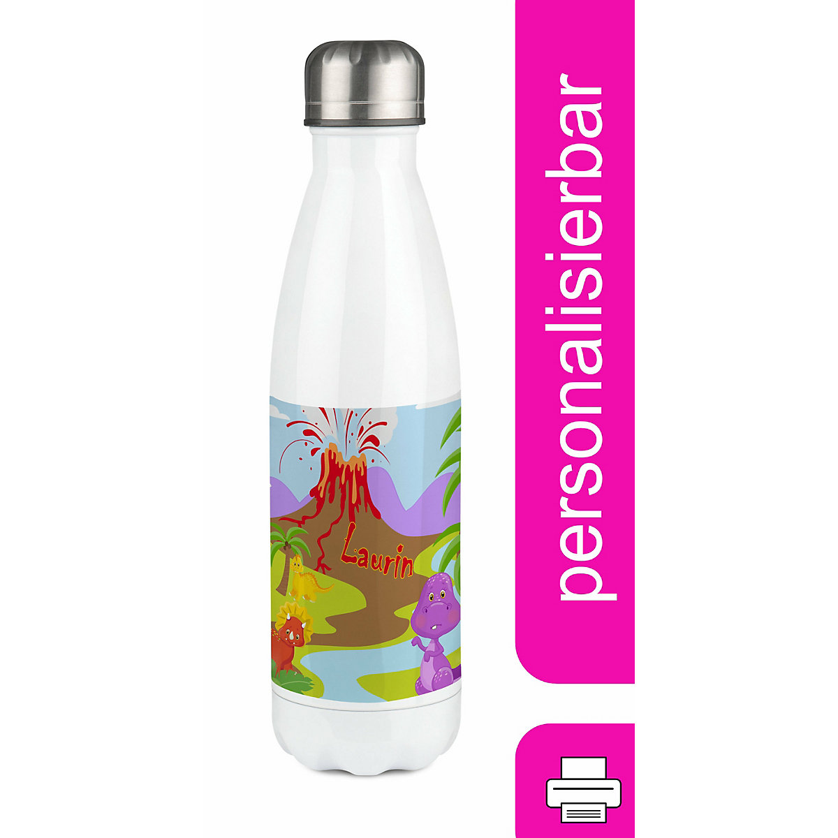 Edelstahl Kinder Thermoflasche / Trinkflasche bunt Dino Spülmaschinenfest, Auslaufsicher, Bruchfest, Doppelwandig, Für Heißgetränke geeignet, Mit Deckel, Isoliert