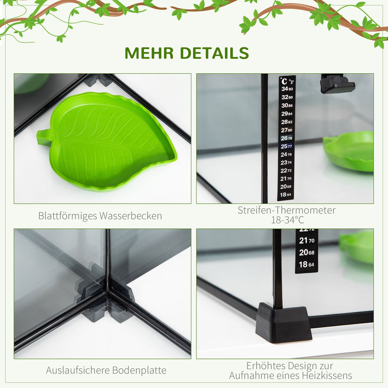 PawHut Terrarium für Reptilien Reptile Fütterungsbox Glasterrarium Amphibien Spinnentiere mit Thermometer Reptilienzuchtbox Metall Schwarz 50 x 30 x 35 cm