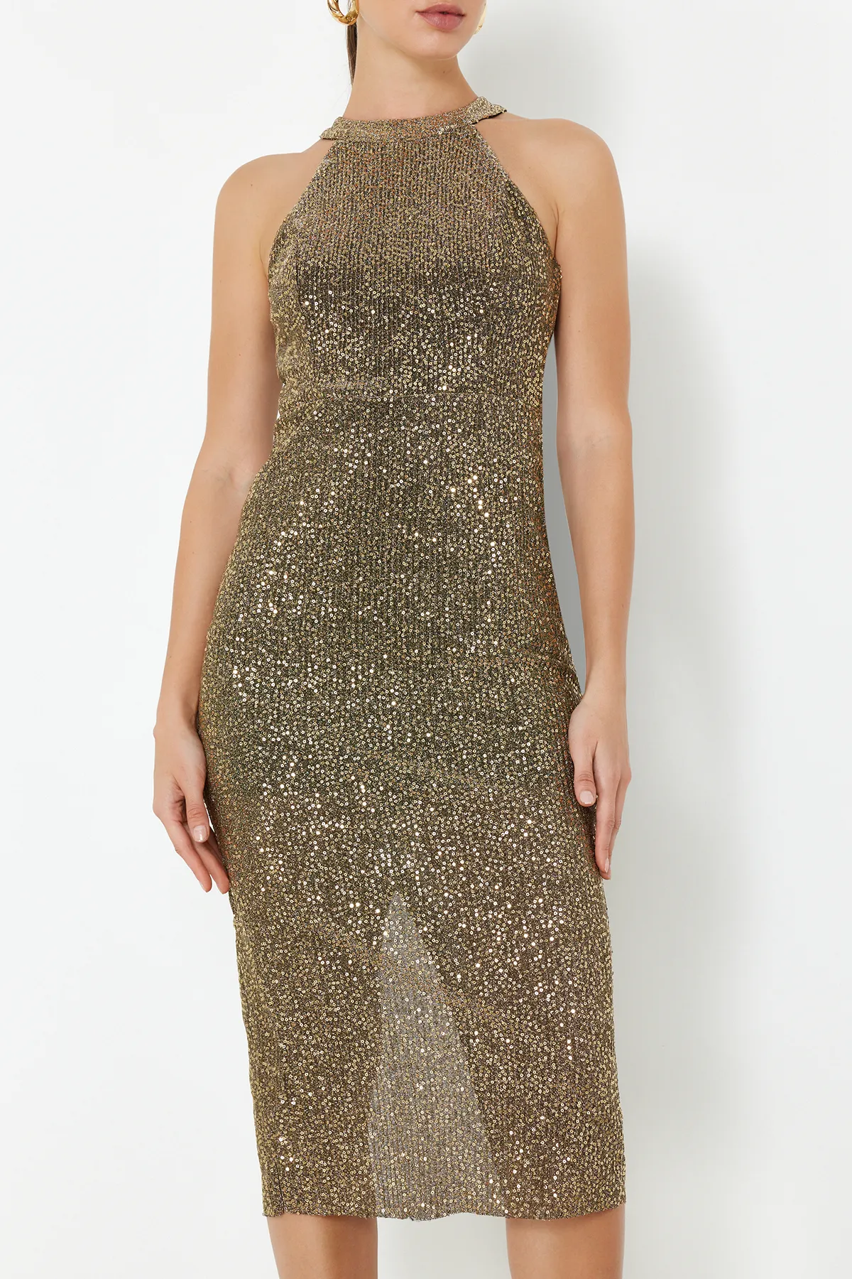Trendyol Collection  Goldfarbenes, tailliertes, gestricktes, gefüttertes, glitzerndes, elegantes Abendkleid mit Pailletten TPRAW24EL00233