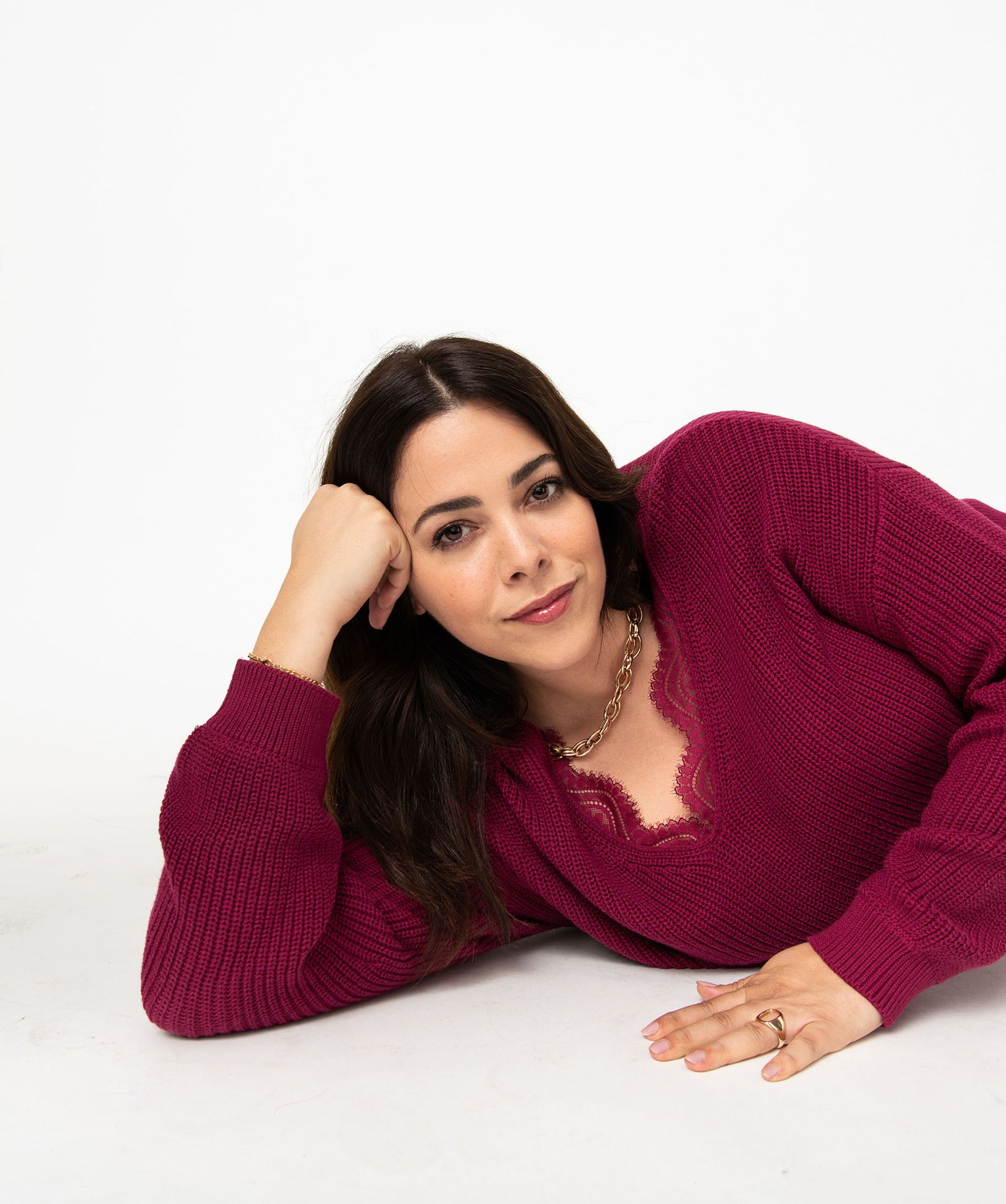 Pull grosse maille avec décolleté V en dentelle femme gran... bordeaux | GEMO