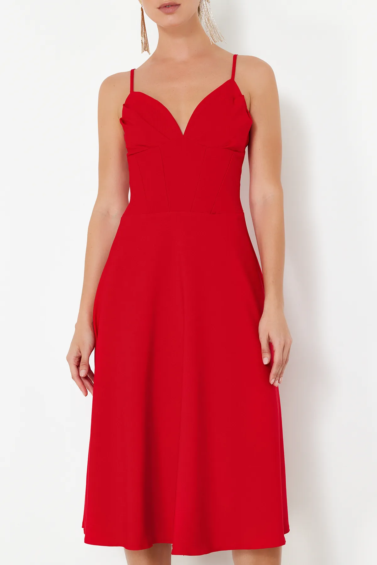 Trendyol Collection  Rotes gewebtes Kleid mit Taillenöffnung/Skater-Muster TPRSS24EL00185