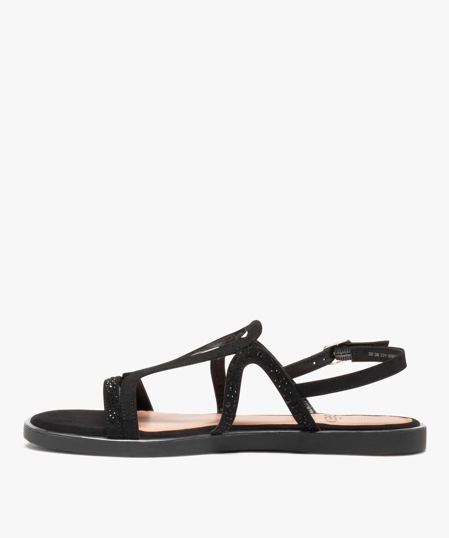 Sandales femme à talon plat en suédine unie détails strass noir | GEMO