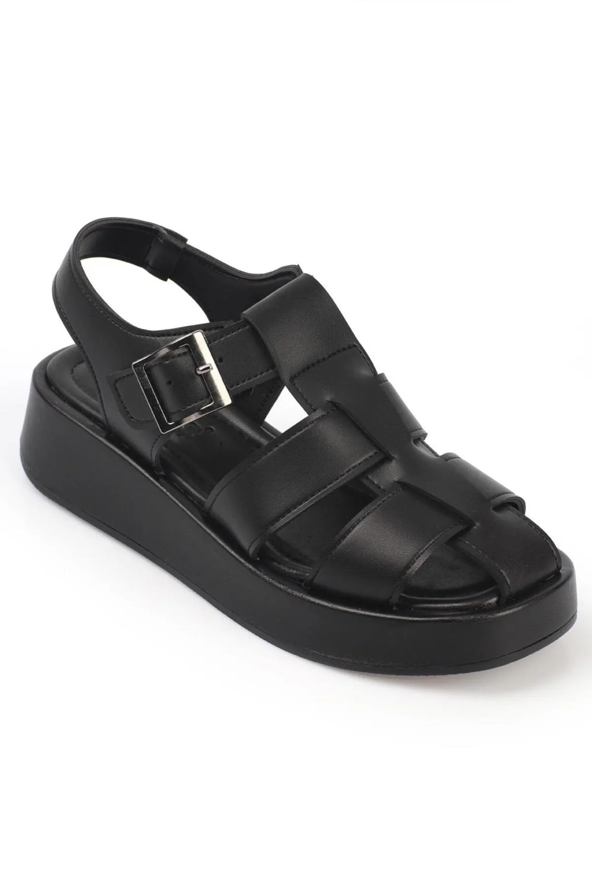 Capone Outfitters  Capone Gladiator Riemchen-Keilabsatz, schwarze Damen-Flatform-Sandalen