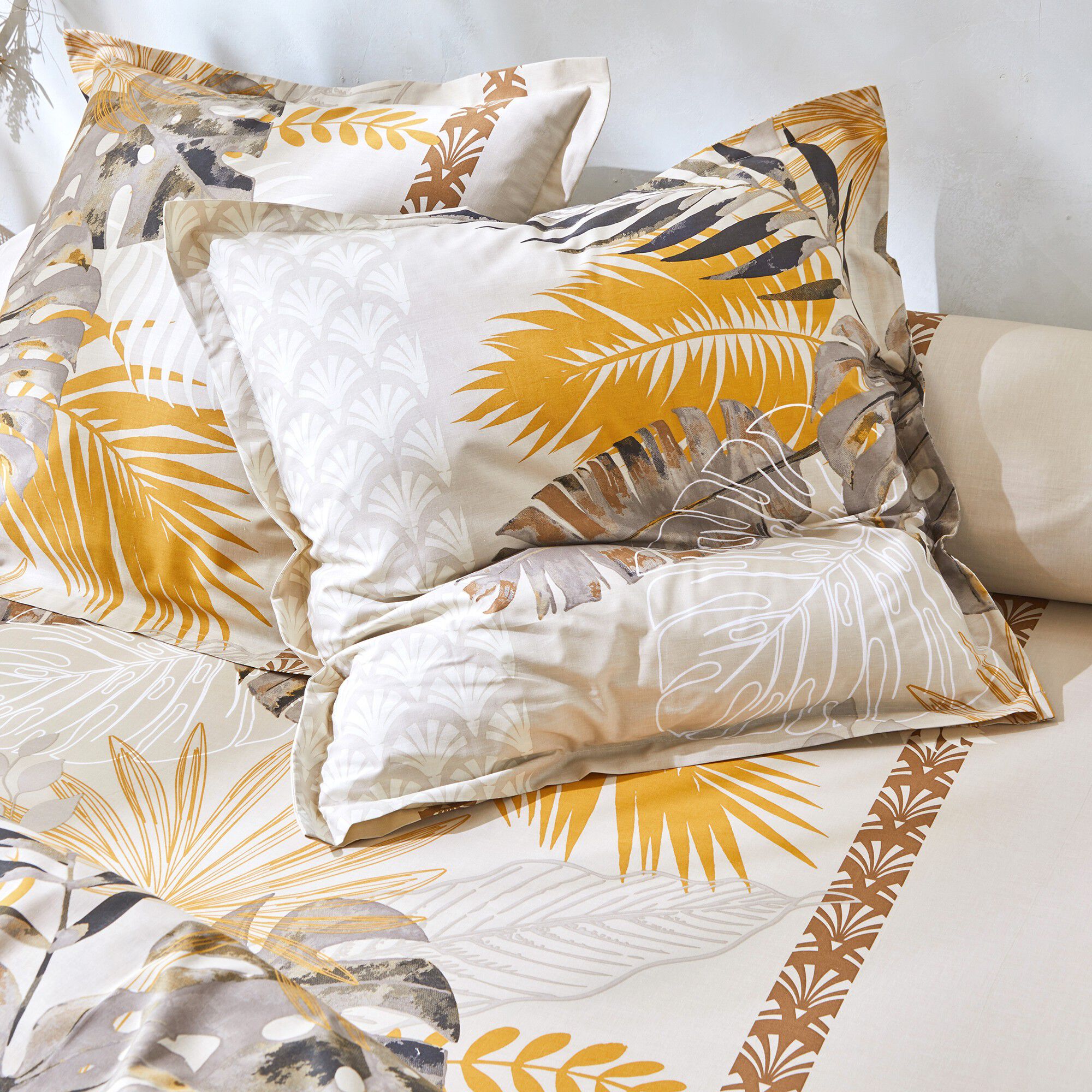 Linge de lit Cayenne en coton imprimé feuilles de palmiers