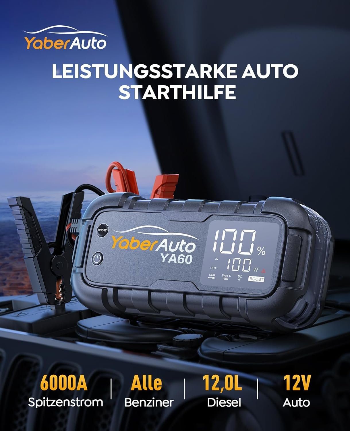 Yaber Starthilfegerät 26800 mAh, 6000A Spitzenstrom Powerbank, 45W Schnellladung
