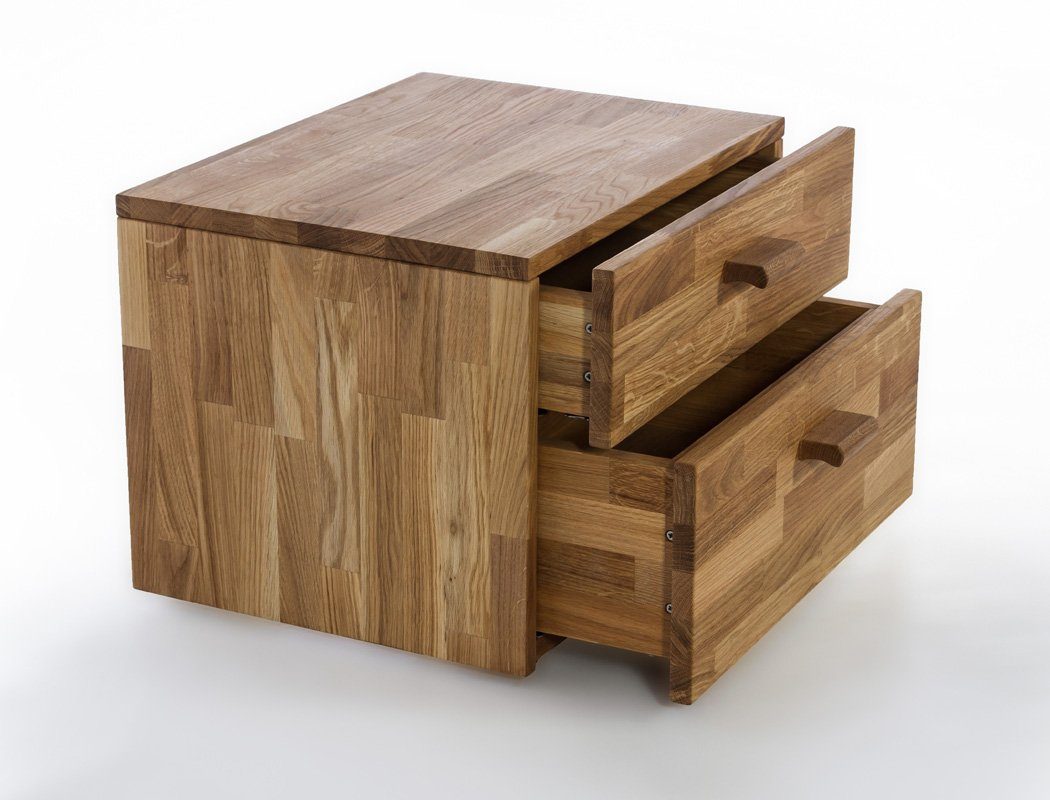 expendio Massivholzbett Cleo (Spar-Set, 3-tlg), Schubladenbett 200x200 Wildeiche mit 2 Schubladen inkl. 2x Nachttisch