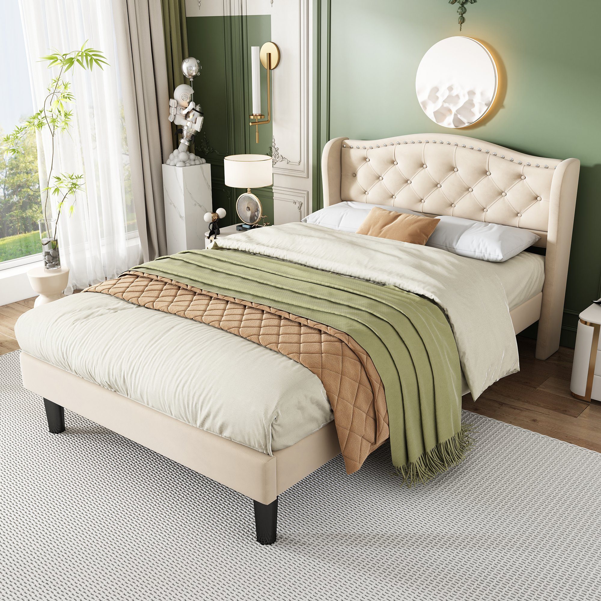Flieks Polsterbett, Samt Einzelbett mit Polsterkopfteil und Lattenrost 90x200cm Beige