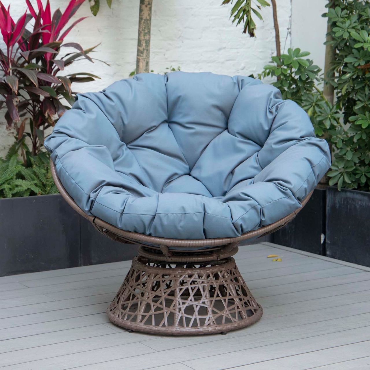 PureHaven Lounge Sessel 92x80x80,5 cm aus Rattan Rundkissen drehbar 360 Grad pflegeleicht elegantes Design verstellbare Kunststofffüßchen Braun/Blau