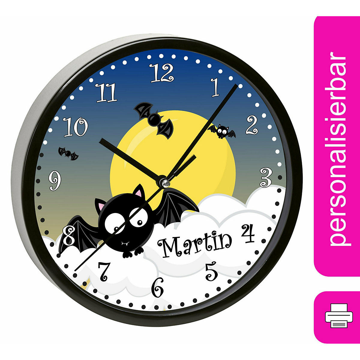 Kinder Wanduhr laufruhig personalisiert mit Name Fledermaus
