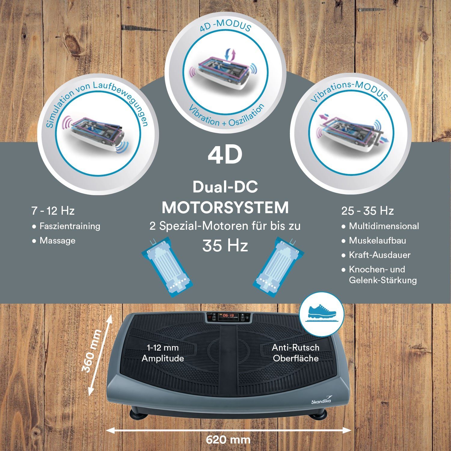 Skandika Vibrationsplatte 4D Vibration Plate V2000 (grau), Curved Design, 2 Kraftvolle Motoren, Flüsterleise