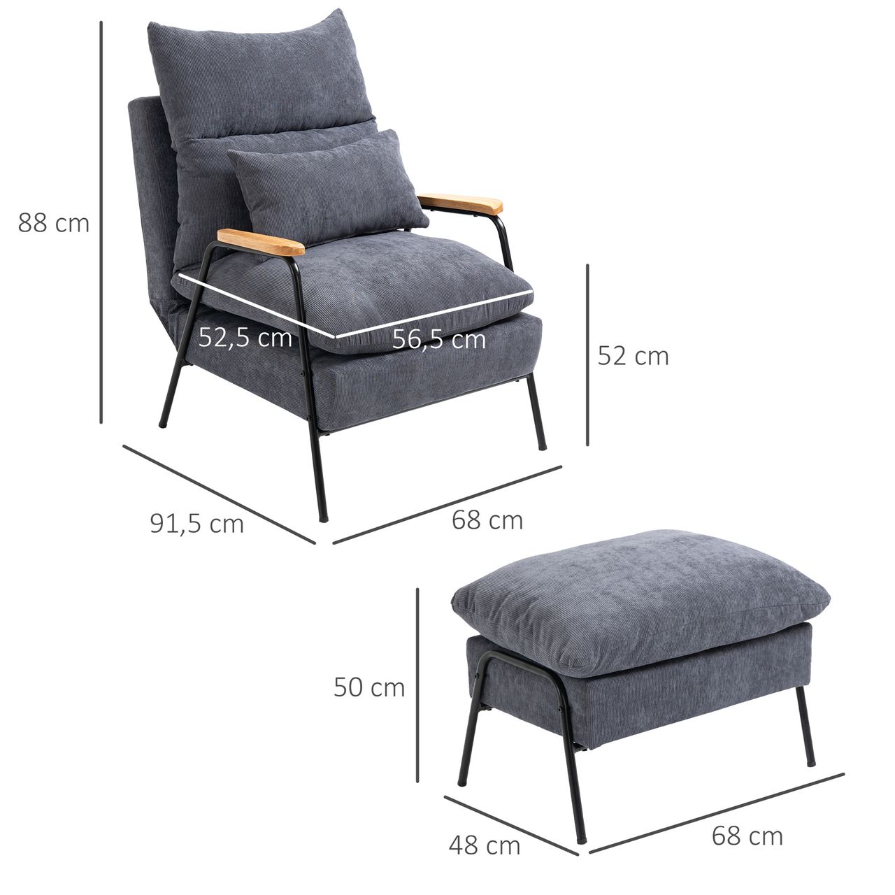 HOMCOM Ohrensessel mit Hocker, Relaxsessel mit neigbarer Rückenlehne, Grau
