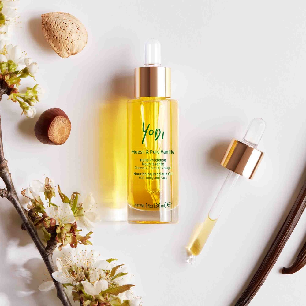 Yodi Muesli & Pure Vanille  Huile Précieuse Nourrissante  Cheveux & Peau Huile Nourrissante
