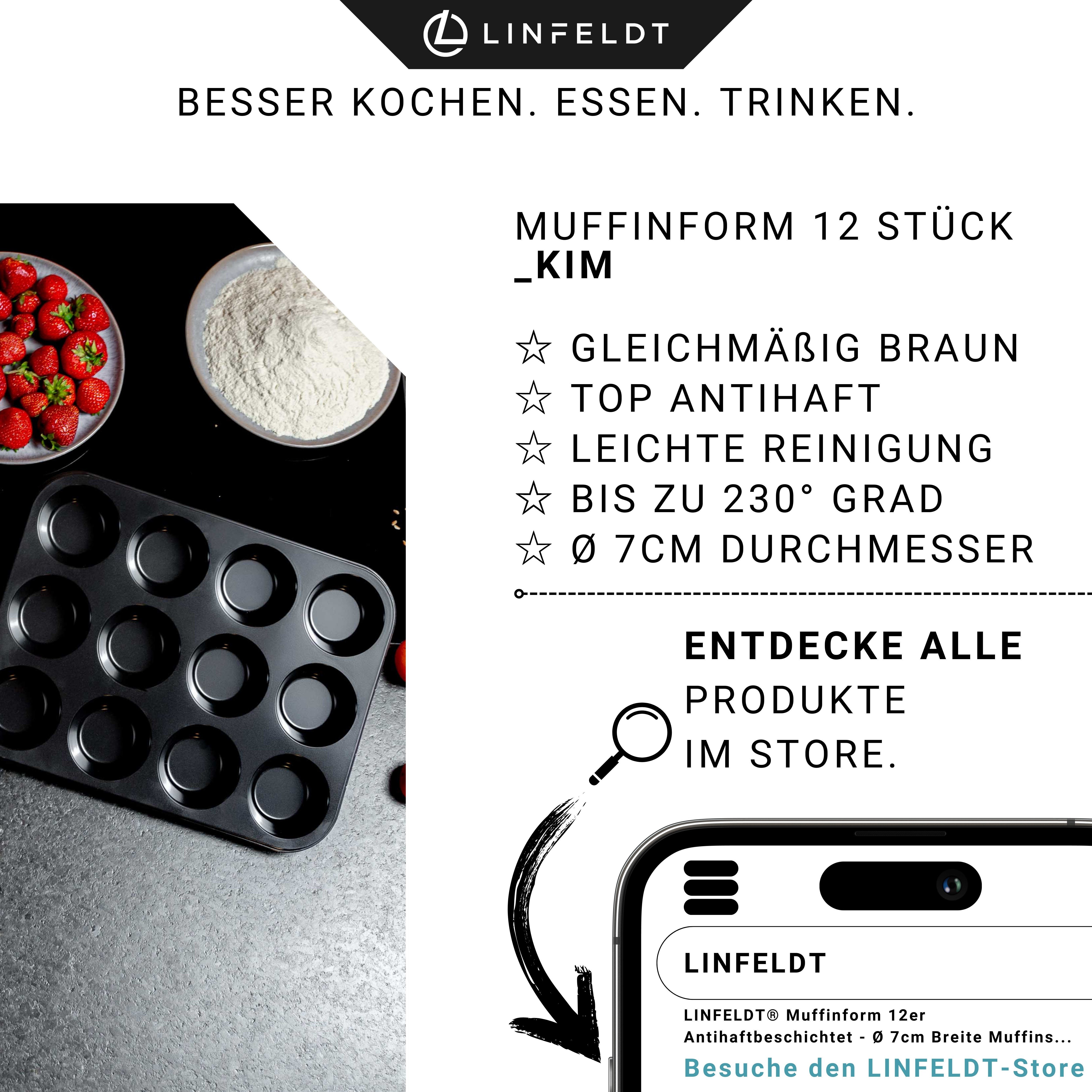 LINFELDT Muffinform 12er Backform Antihaftbeschichtet ⌀ 7cm Breite Muffins 34,5x26x3,5cm, Teflon - Beschichtung