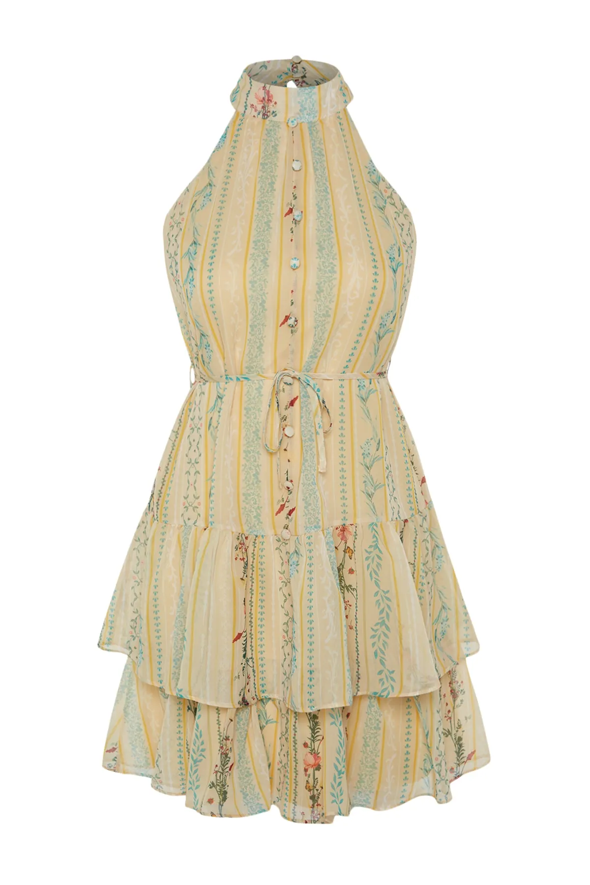 Trendyol Collection  Gelbes mehrlagiges A-Linien-/Glockenform-Minikleid mit Futter aus Webstoff mit Blumendruck TWOSS23EL02056