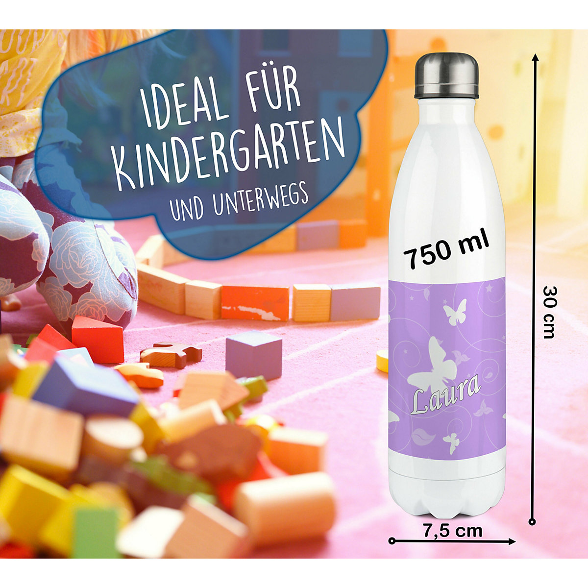 Edelstahl Kinder Thermoflasche / Trinkflasche bunt Schmetterling Ornamente Farbe flieder Spülmaschinenfest, Auslaufsicher, Bruchfest, Doppelwandig, Für Heißgetränke geeignet, Mit Deckel, Isoliert