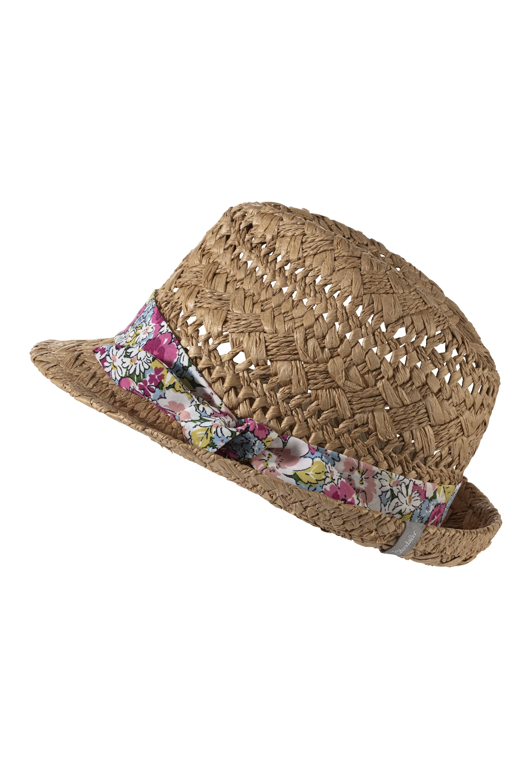 Strohhut verziert mit farbigem Blumenband
