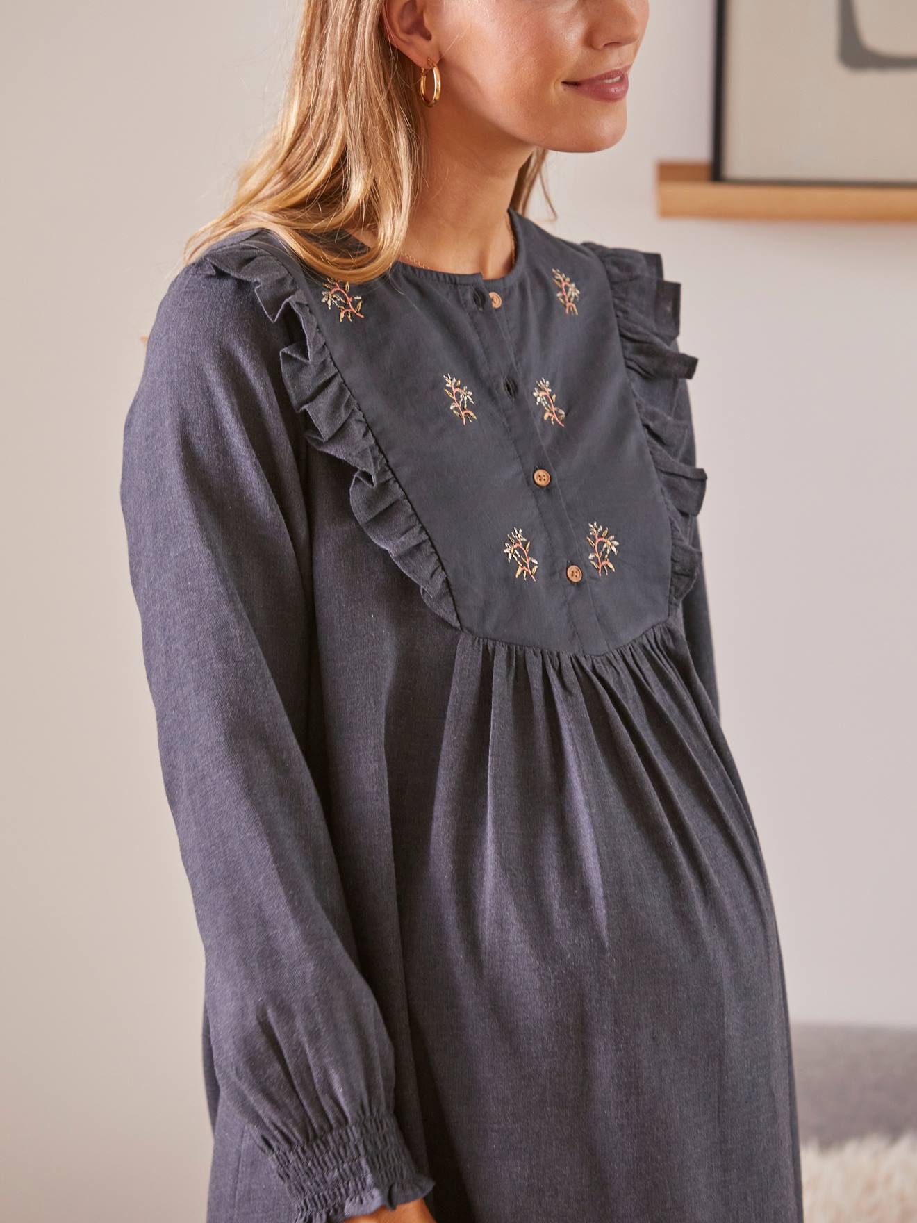 Vertbaudet Flanellkleid mit Stickerei, Schwangerschaft & Stillzeit - schwarz