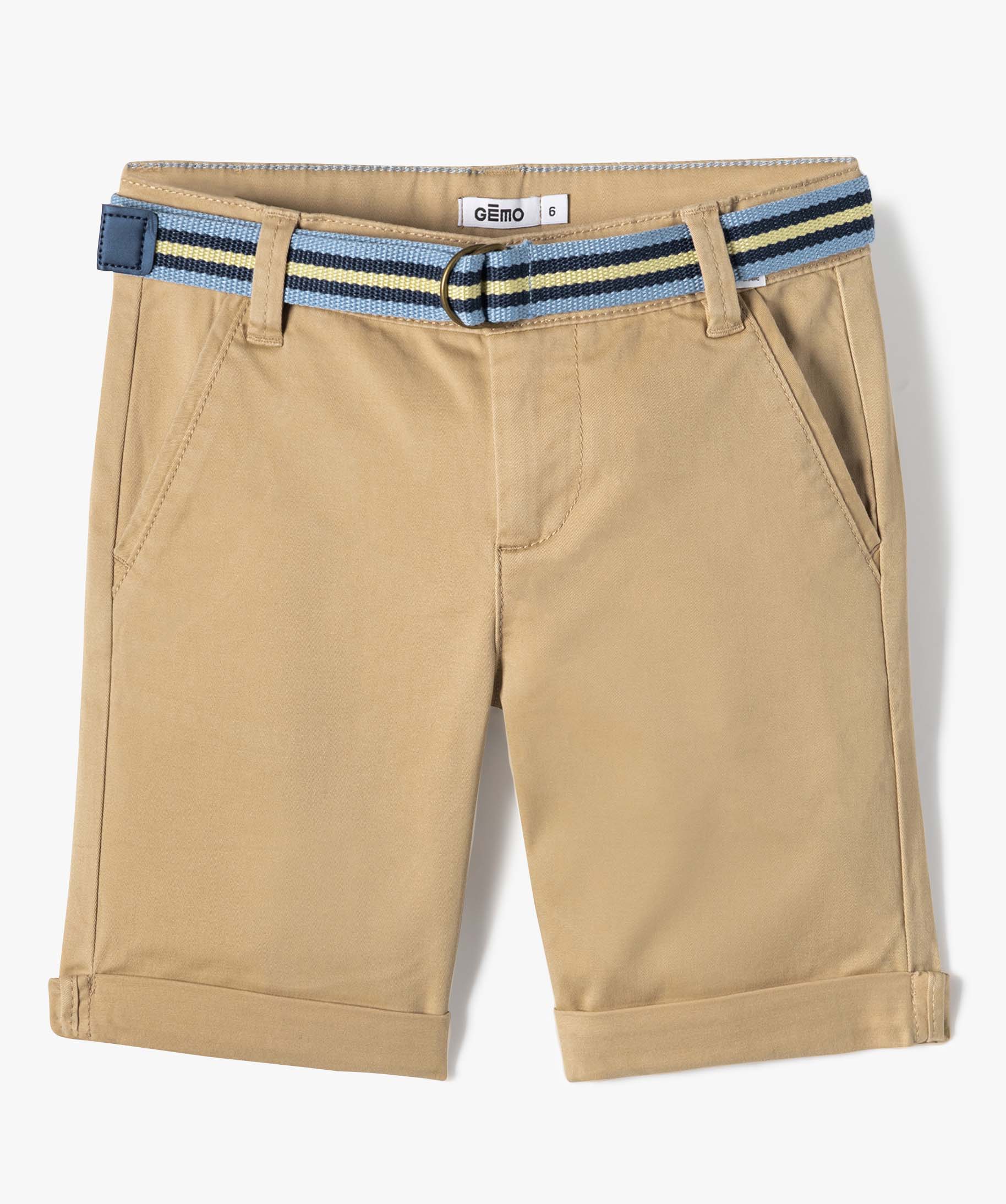 Bermuda Garçon en toile avec revers et ceinture tricolore beige | GEMO