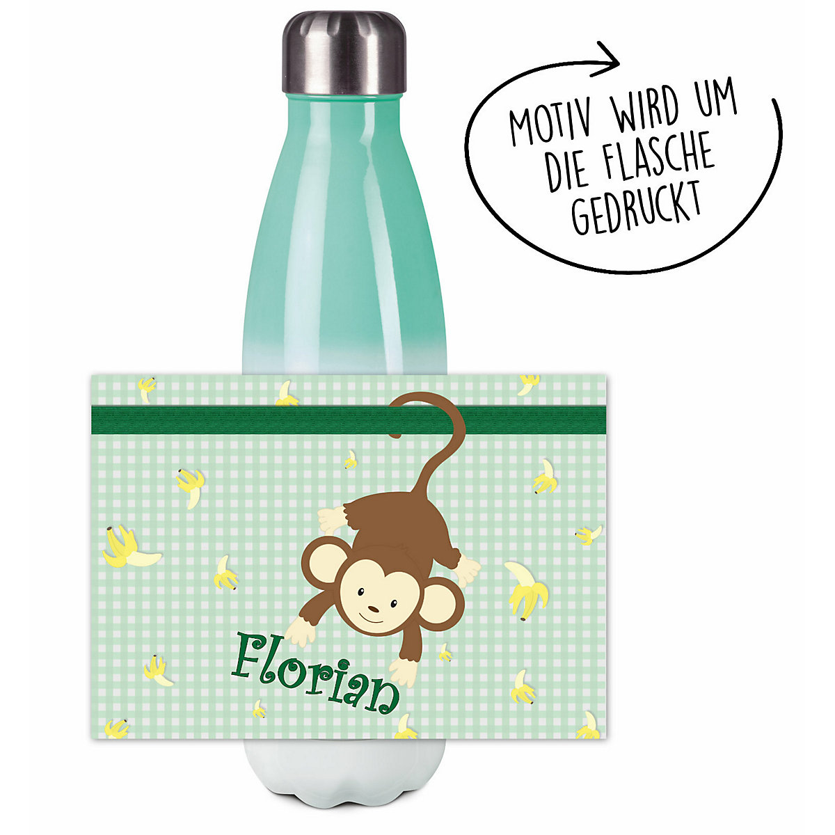 Edelstahl Kinder Thermoflasche / Trinkflasche bunt Affe hängend Farbe grün Spülmaschinenfest, Auslaufsicher, Bruchfest, Doppelwandig, Für Heißgetränke geeignet, Mit Deckel, Isoliert