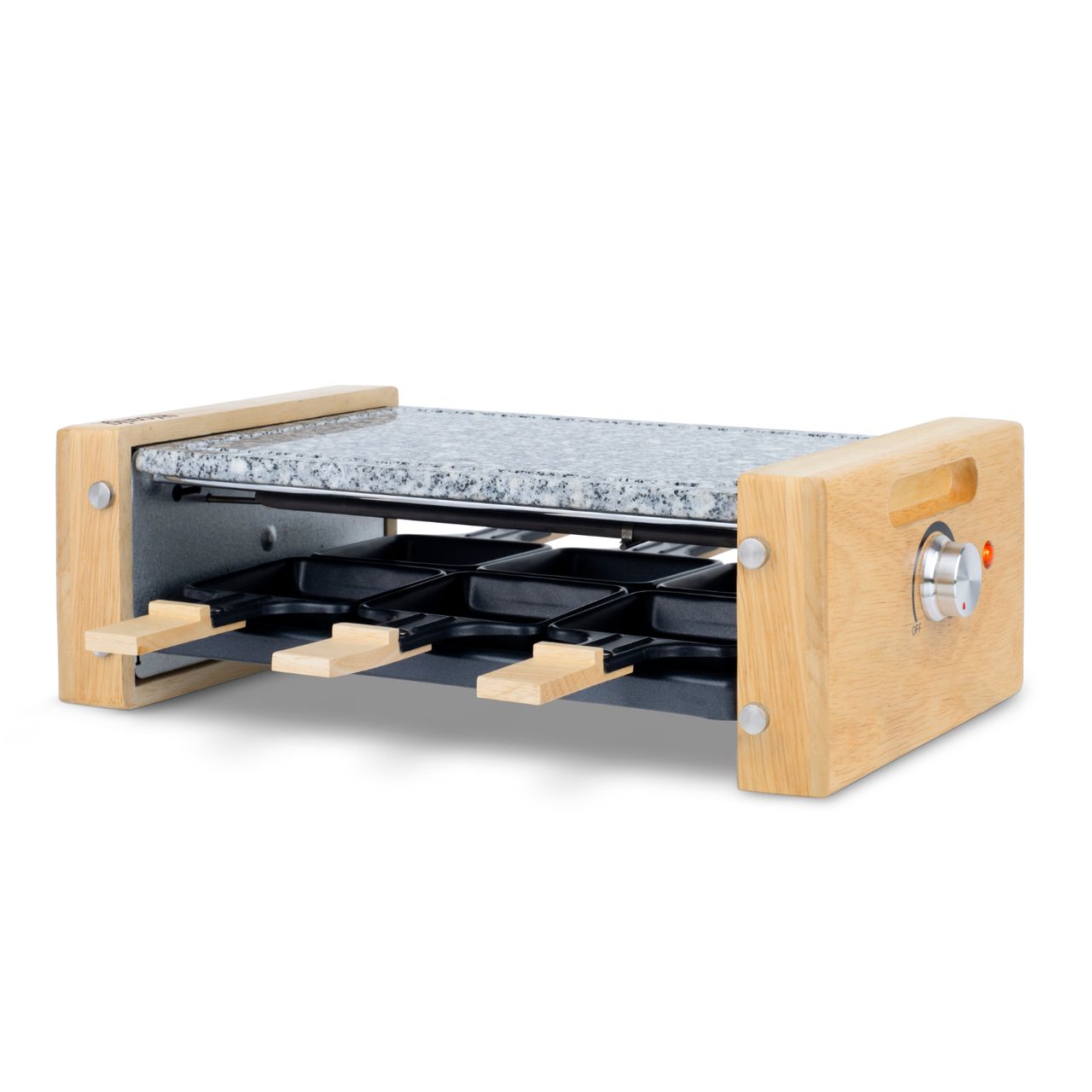 H.Koenig Raclettegerät WOD6 für 6 Personen, professionell, 900 W, Käseschaber, Fondue, Naturstein, Granitstein, abnehmbare Platte, Zubehör 6 Pfännchen & 6 Holzspatel, 900 W