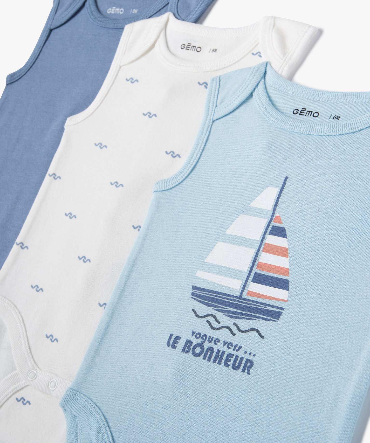 Body bébé sans manches à col américain imprimé (lot de 3) ecru | GEMO
