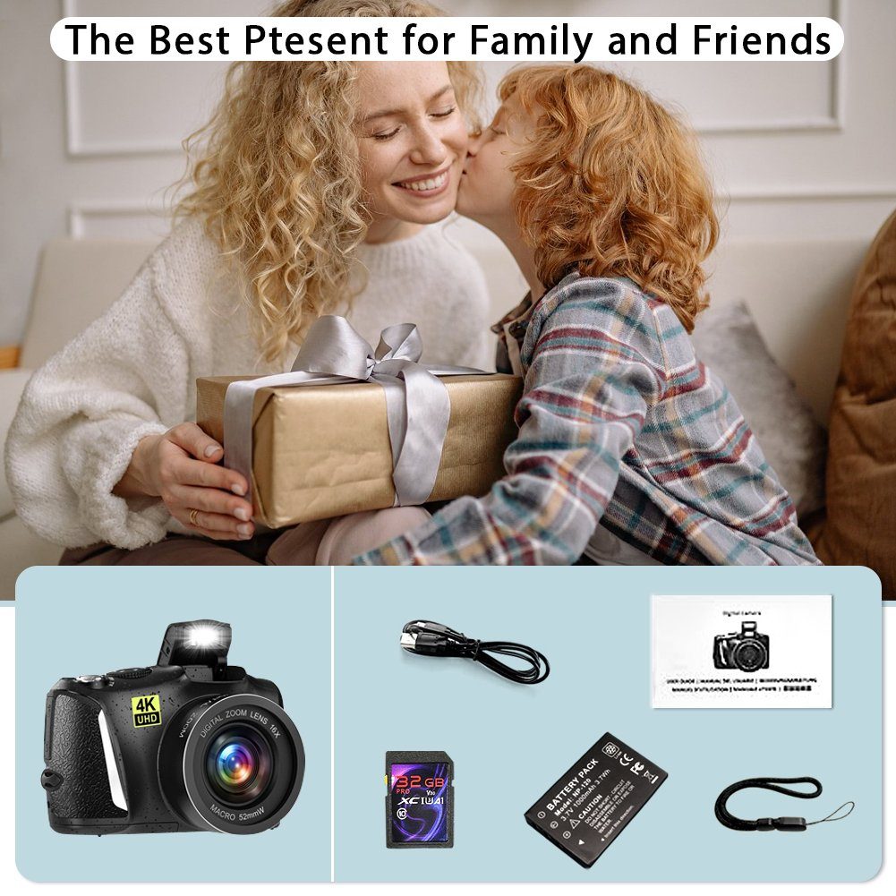 A Ade Digitalkamera 4K, 48MP Fotokamera mit Makro-Objektiv Kompaktkamera (48 MP, inkl. 16X Zoomfaktor digital, Zeitraffer-Aufnahme, Loop-Aufnahme, Intervall-Foto, Slow-Motion-Aufnahme)