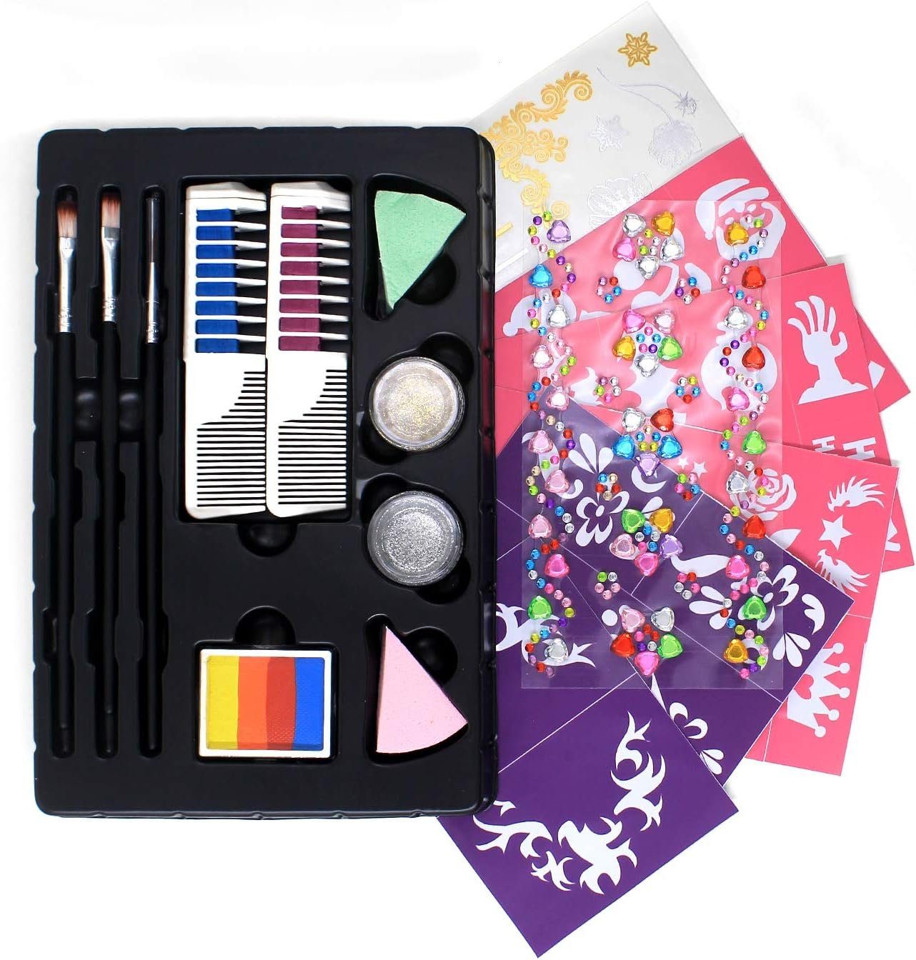 Diyarts Schminkstift (umfangreiches und sicheres Face-Painting-Kit, 19-tlg), 19 lebendige Farben, funkelnder Glitzer, wiederverwendbare Schablonen