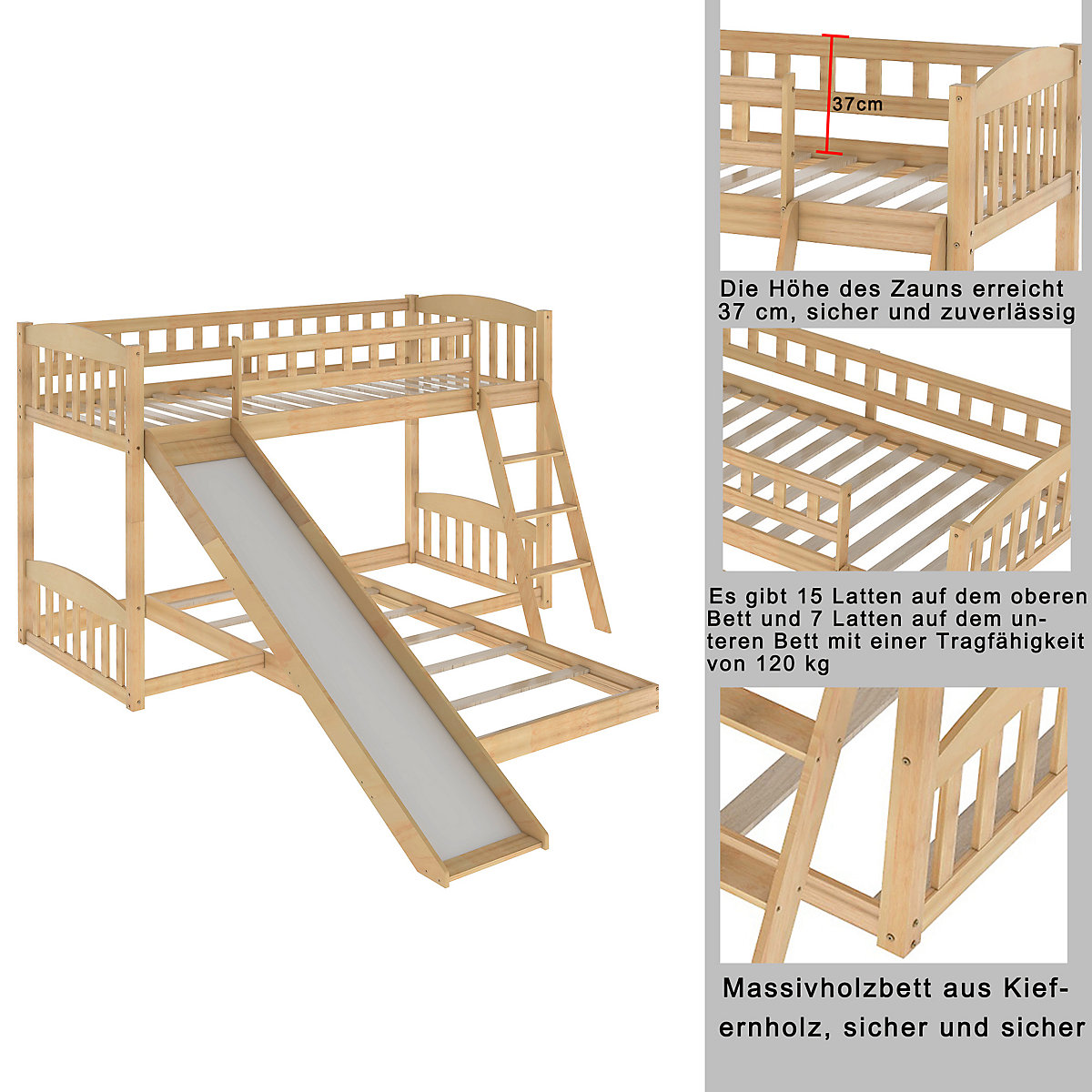 Etagenbett mit Rutsche, Niedriger Kinderbett Etagenbettrahmen Massives Kiefernbett 90 x 200 cm
