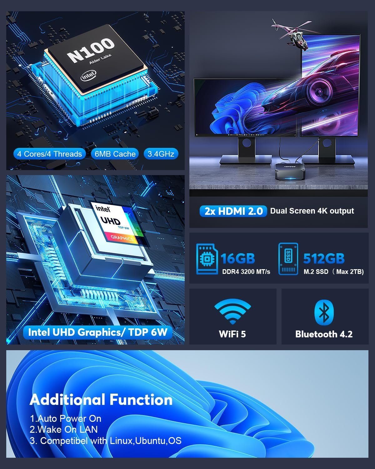 NiPoGi Mini-PC (Intel Lake-N100 N100, ‎Intel UHD-Grafik 4K UHD Triple Display, 16 GB RAM, 1024 GB SSD, Mikrocomputer Mini-Desktop Compute leiser Mini-PC klein kleiner PC)
