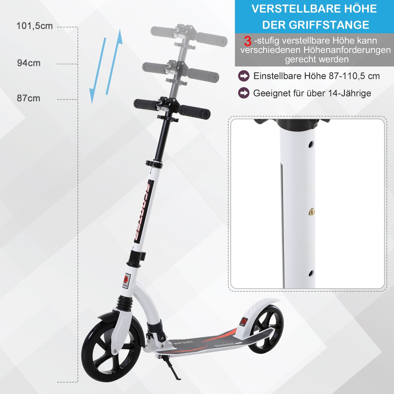 Outsunny HOMCOM Kinderscooter Kickscooter mit Stoßdämpfung Tretroller Weiß 92,5 x 37,5 x 87-101,5 cm