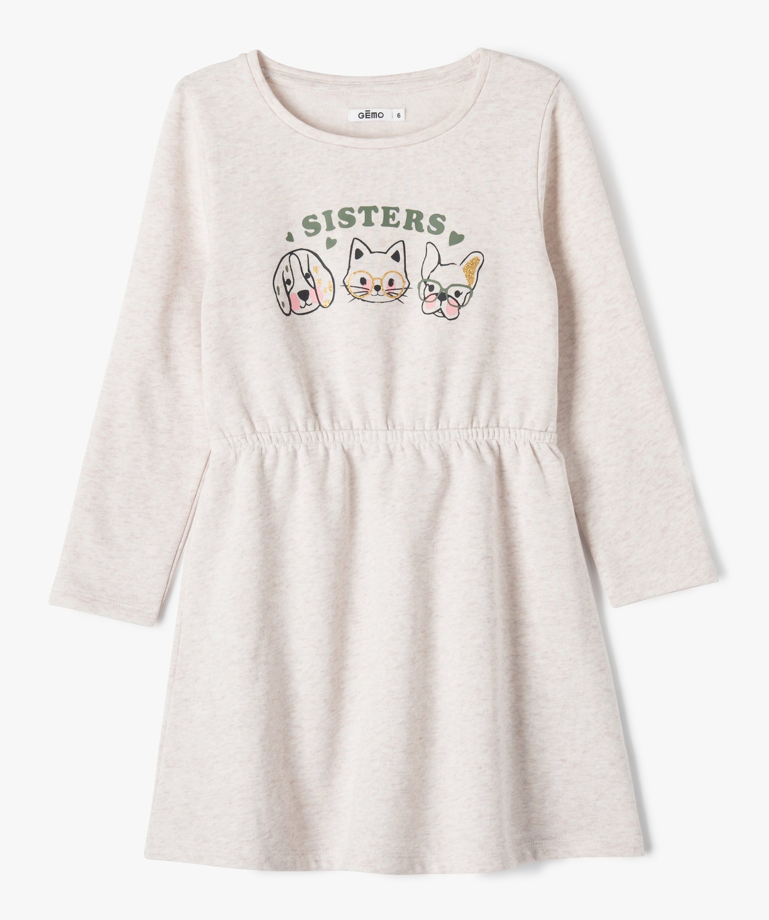 Robe sweat à manches longues avec motif pailleté fille ecru | GEMO