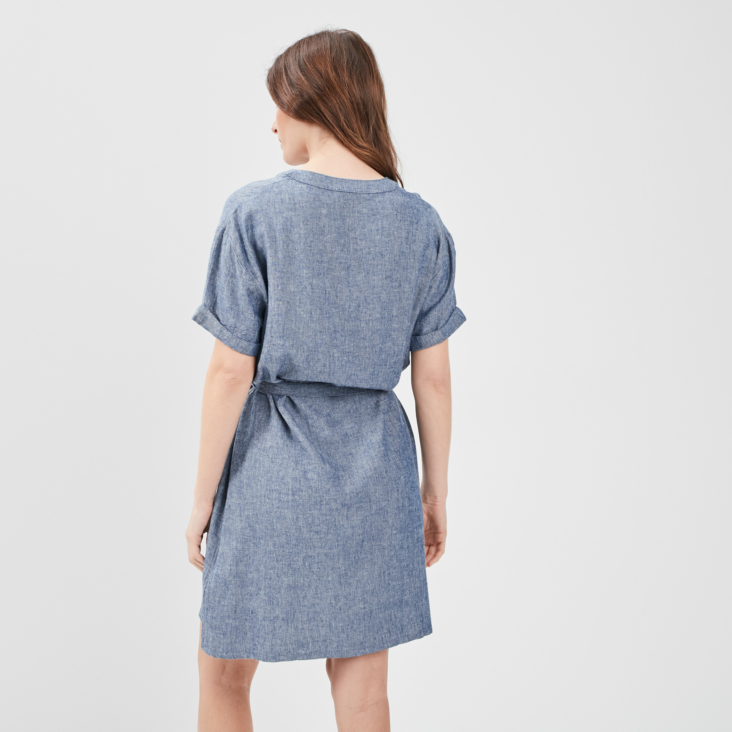Robe droite ceinturée en mélange de lin bleu gris femme | La Halle