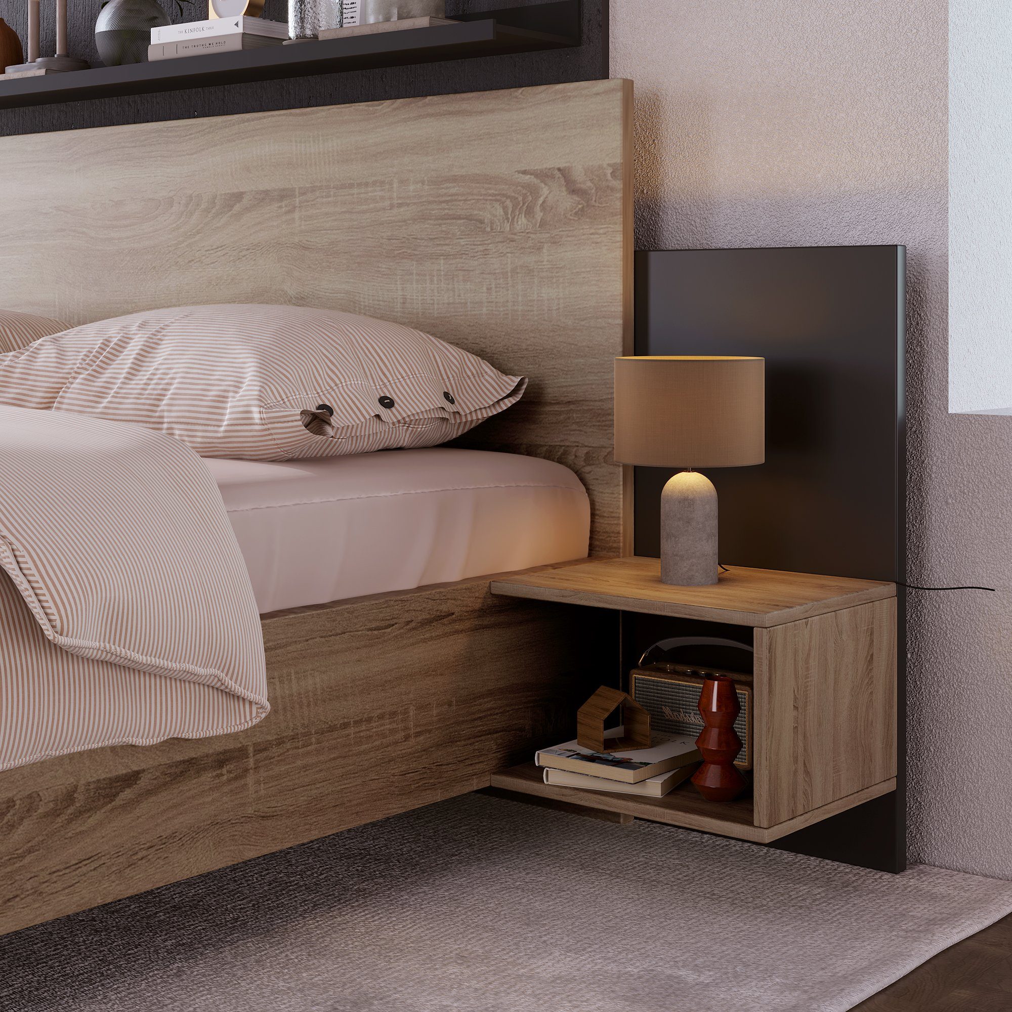 OKWISH Massivholzbett Natur Bett Solide (160x200cm mit Lattenrost ohne Matratze), mit 2 Nachtkommoden Modernes Bett inkl