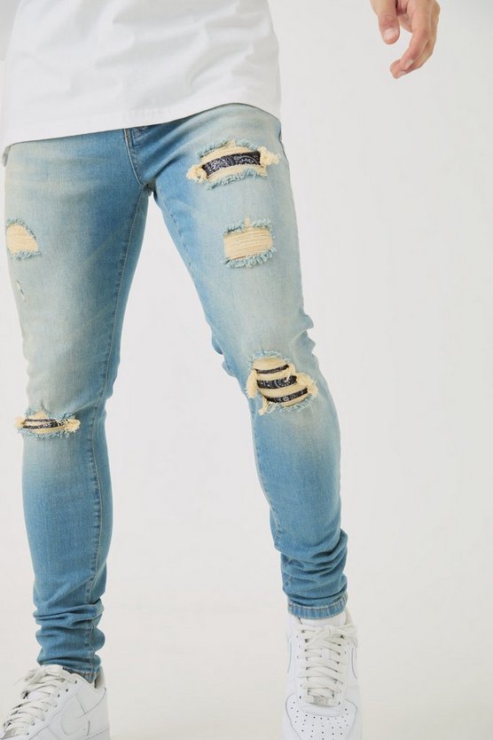 Hellblaue Skinny Stretch Jeans mit Bandana-Print
