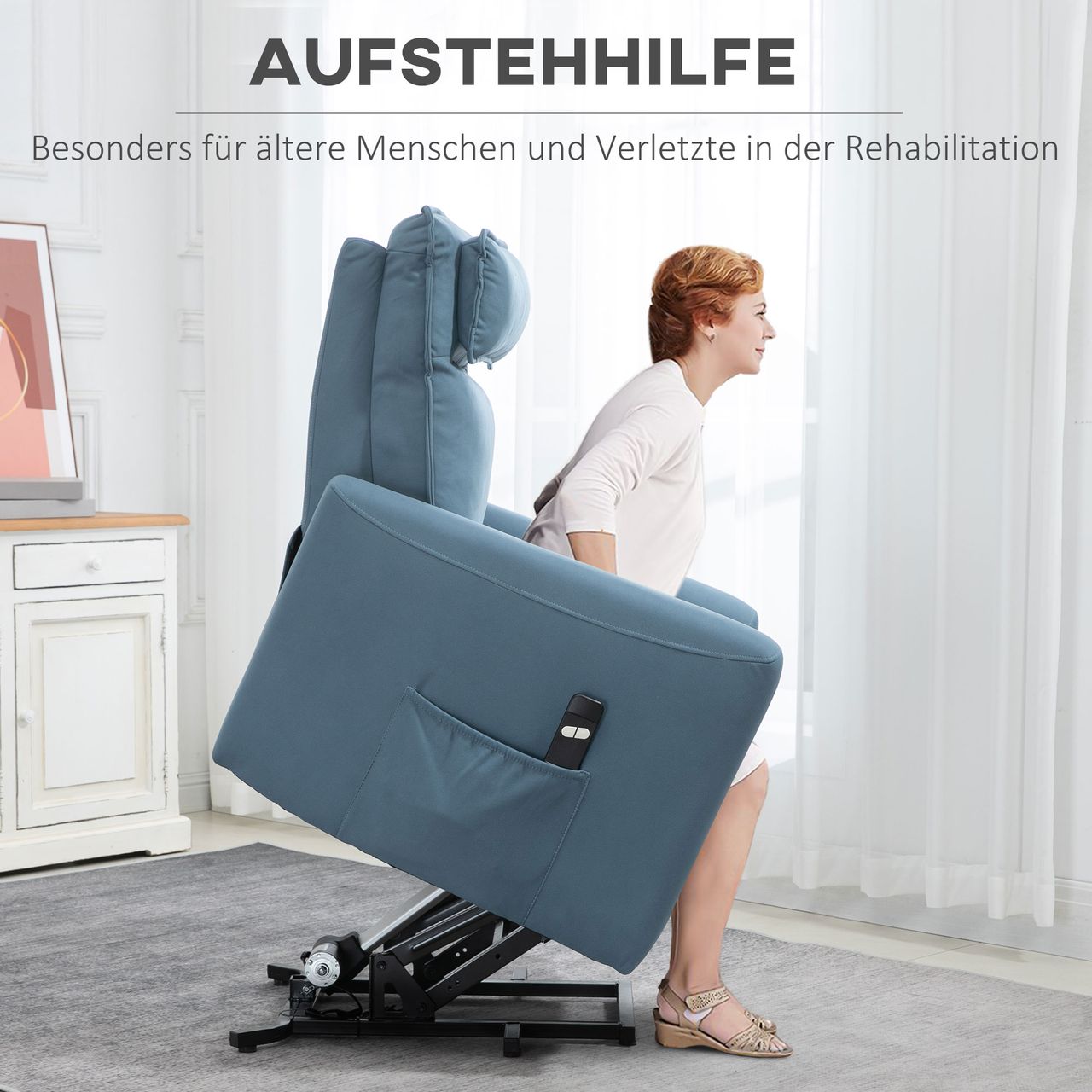HOMCOM Elektrischer Aufstehsessel Relaxsessel mit Aufstehhilfe, Samt, Blau