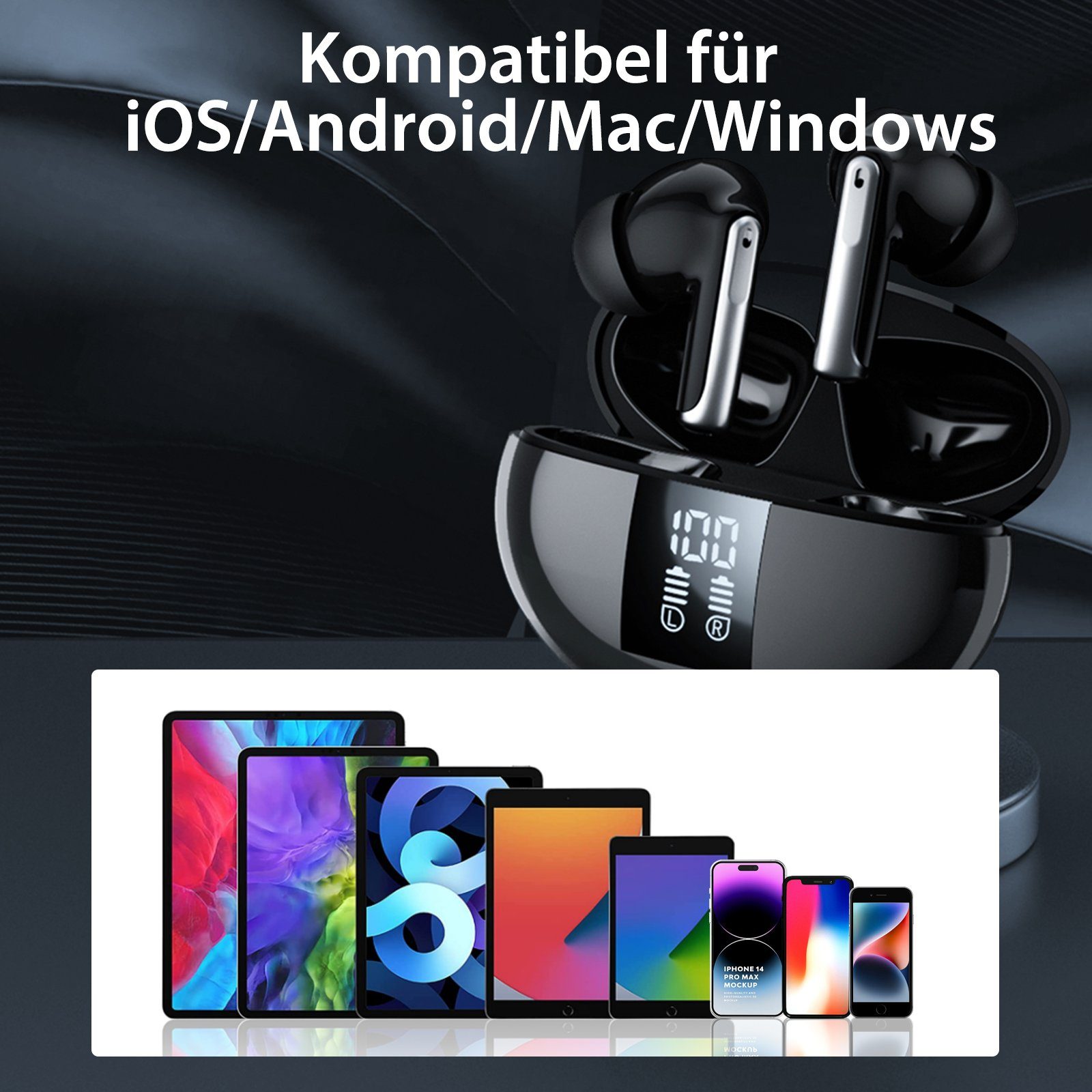 Yuede Bluetooth 5.3 Kopfhörer, Earbuds Kabellos mit LED-Ladebox In-Ear-Kopfhörer (Immersives HIFI-Stereo, Bluetooth Kopfhorer mit LED-Ladebox, ENC HD Anruf, One Step Pairing, 10-mm-Schwingspule)