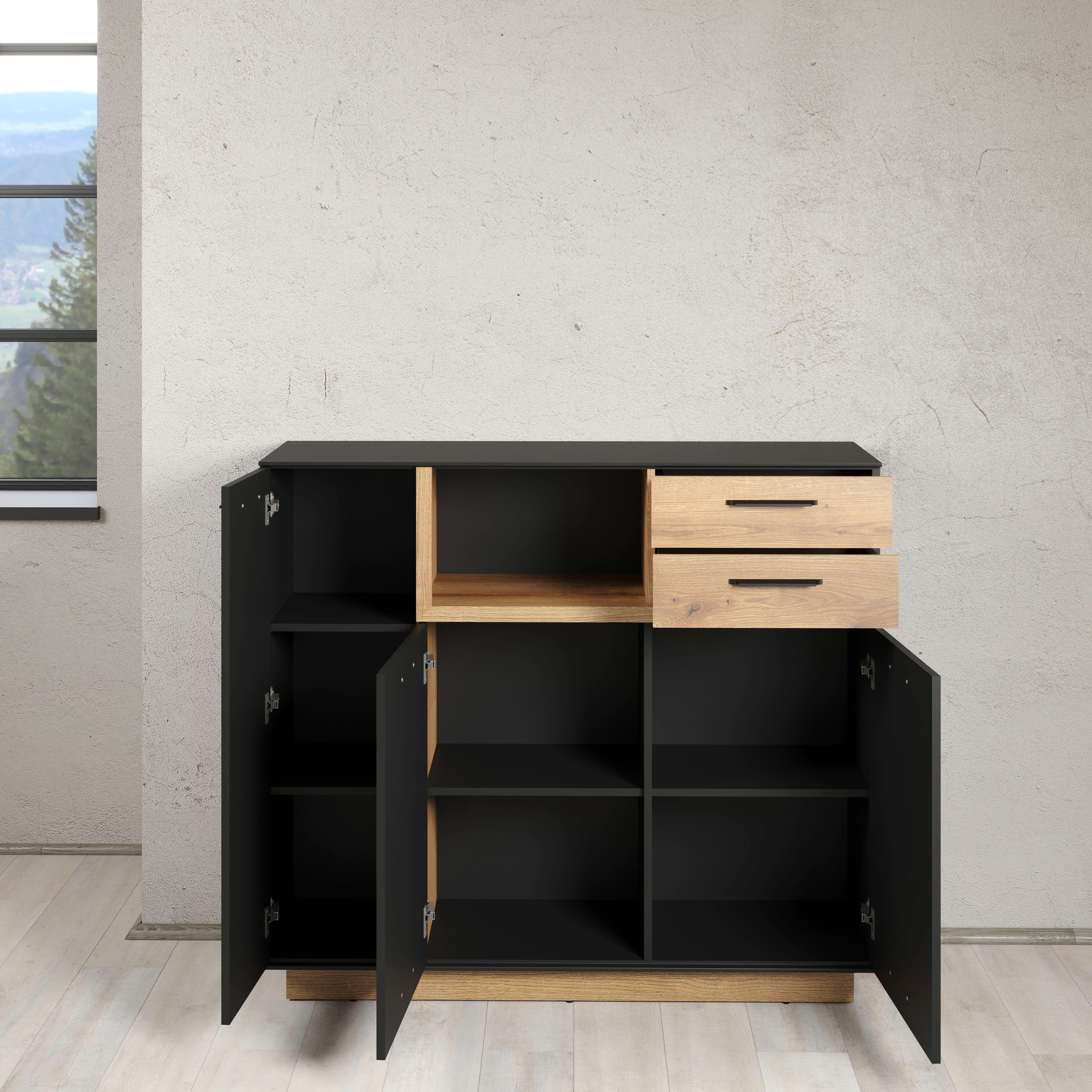 INOSIGN Highboard Premont (1 St), ca. 128 cm breit, zweifarbiger Schrank, moderne Eiche, stehend