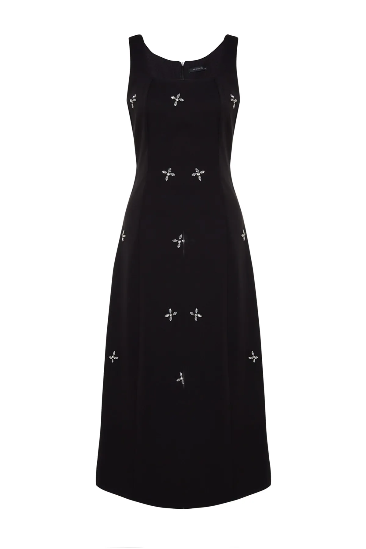 Trendyol Modest  Schwarzes, gewebtes Gilet-Kleid mit quadratischem Kragen und Schmuckstickerei-Details TCTSS23EB00157