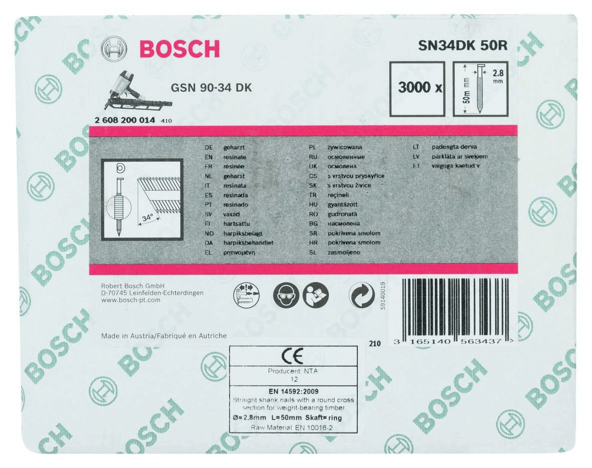 Bosch Blue Accessories 2608200014 SN34 DK 50R Gwoździe taśmowe 34° D-Head Plain Ring 50 mm 3000 sztuk