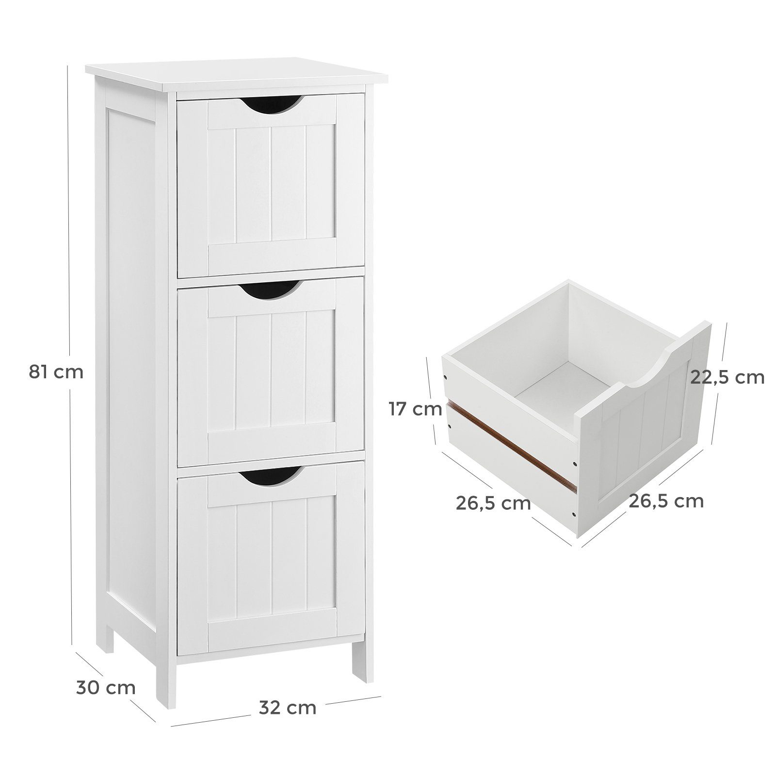 VASAGLE Badkommode Badezimmerschrank, mit 3 Schubladen, 32 x 30 x 81 cm