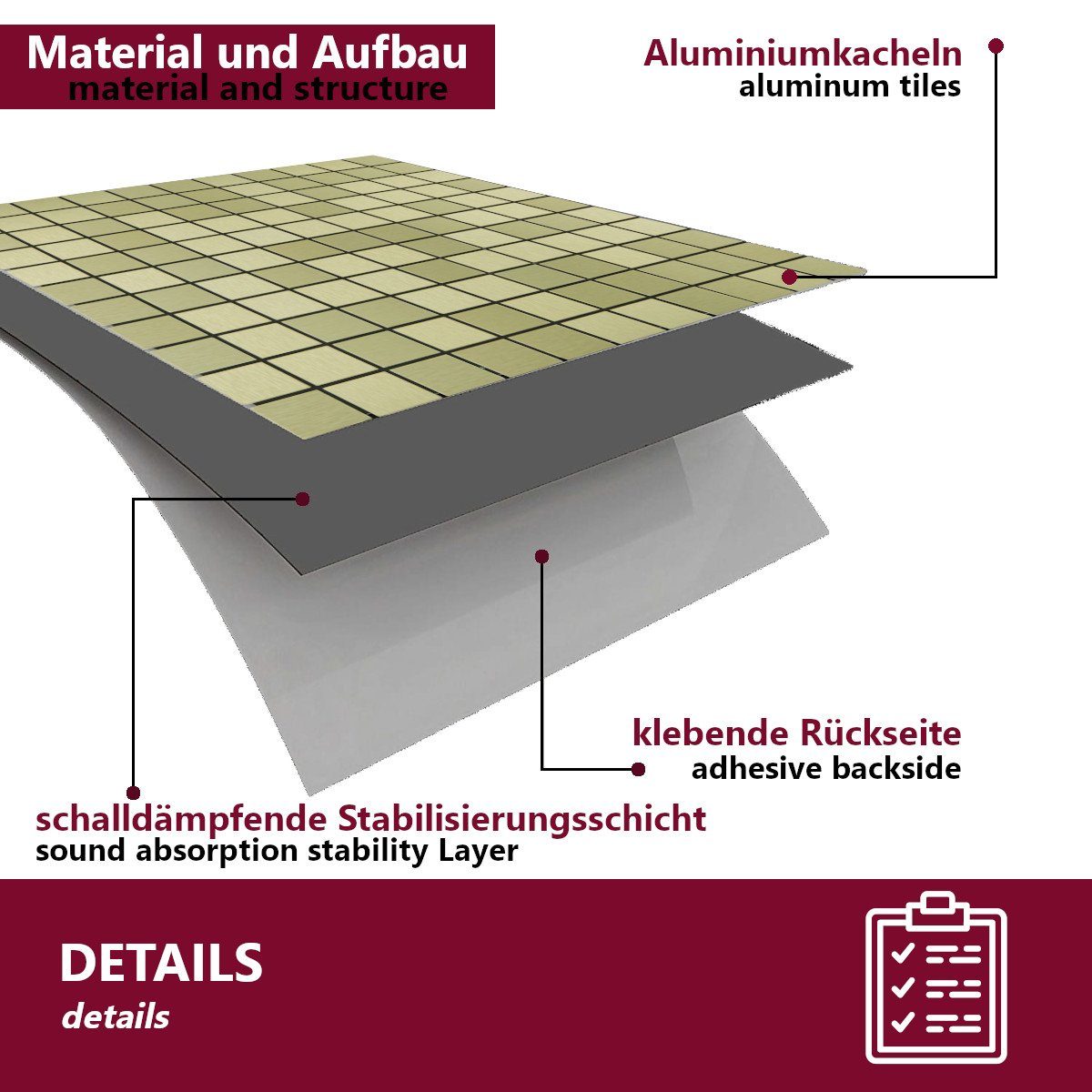 HOOZ Aluminium Wandfliese 10x selbstklebende Fliesen Aluminium in verschiedenen Farben, 30x30, Gold, Set, 10-tlg, Aluminiumoberfläche