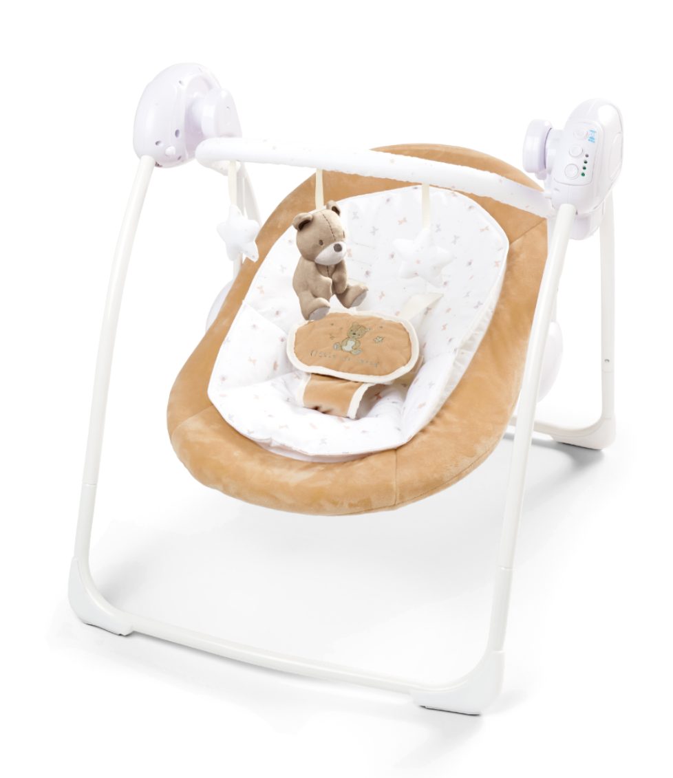Ladida Babyschaukel Brauner Teddybär Babyschaukel, 080, 5 Geschwindigkeitsstufen mit 6 Melodien, Spielzeugstange mit 3 Plüschtieren, einfach Installation, faltbar