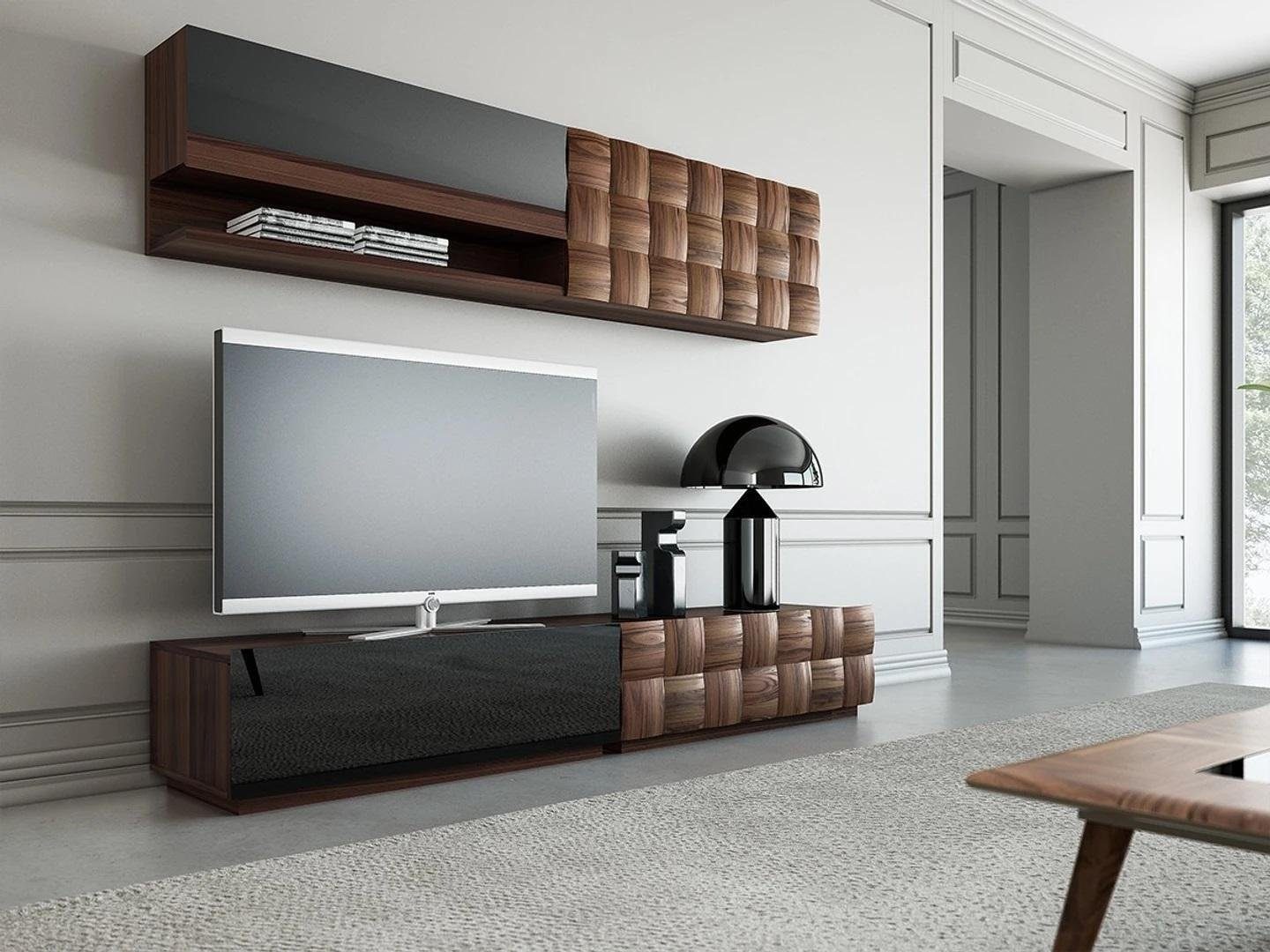 JVmoebel Wohnwand Wohnzimmer Komplett 4tlg TV-Ständer Wohnwand Holzmöbel Wandregal, (4-St., 2x TV-Ständer + 1x Wandschrank + 1x Wandregal), Made in Europa