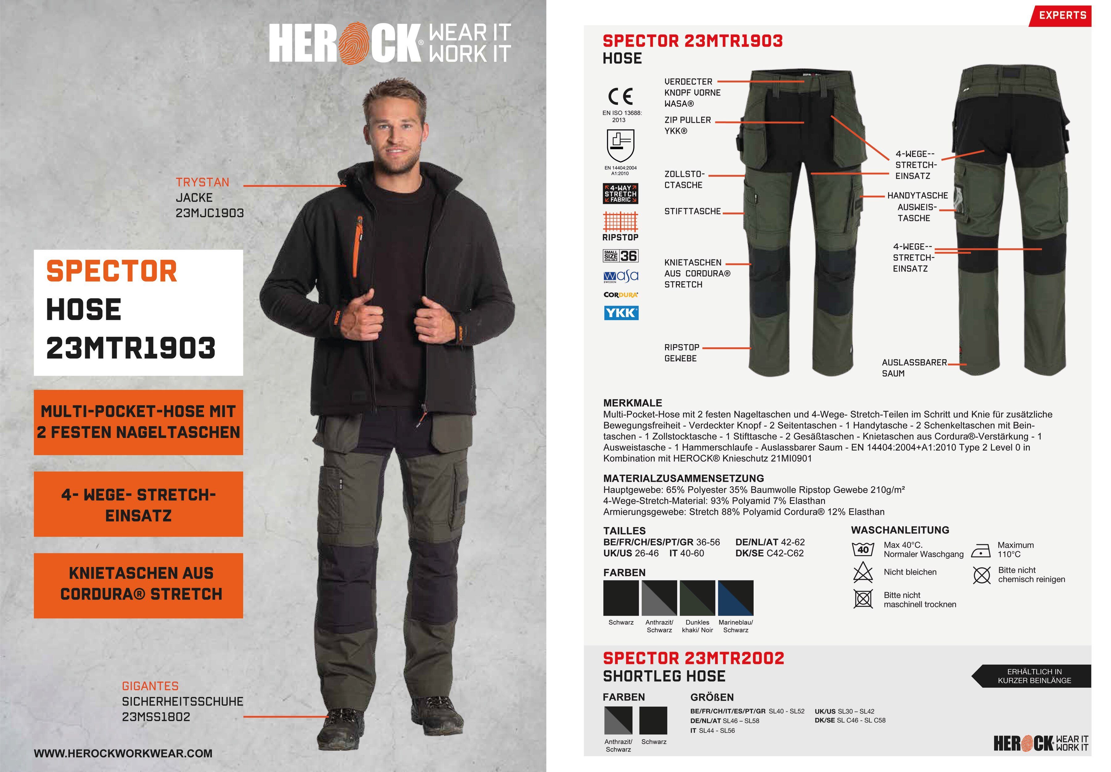 Herock Arbeitshose Spector Hose Multi-Pocket-Hose mit 2 festen Nageltaschen und 4-Wege-Stretch-Teilen