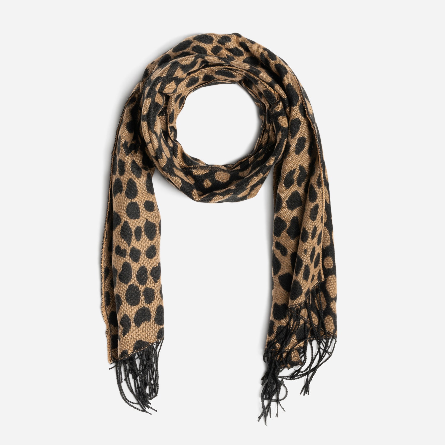 Echarpe noire et camel jacquard motif léopard