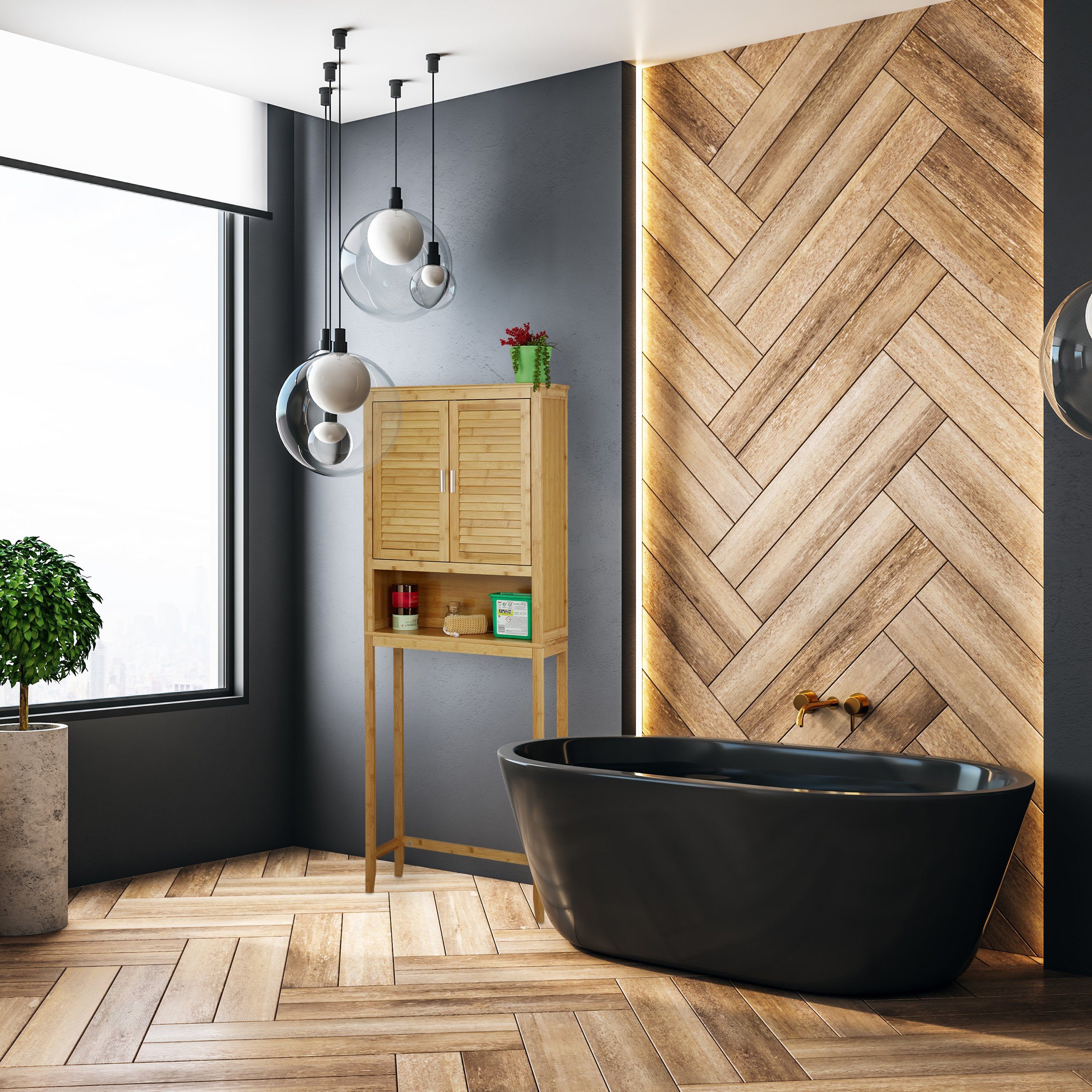 relaxdays Waschmaschinenumbauschrank Waschmaschinenschrank LAMELL Bambus