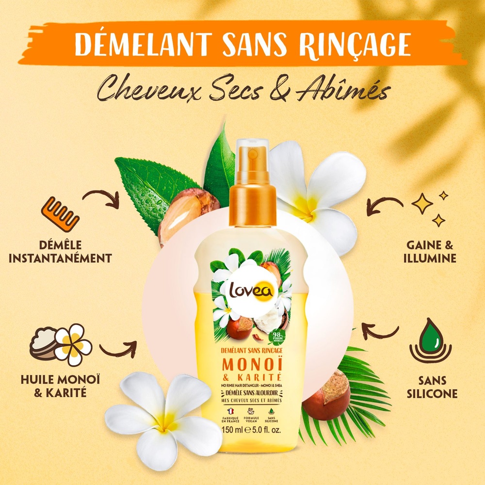 lovea Démêlant Sans Rinçage Monoï & Karité Démêlant - Cheveux Secs et Abîmés